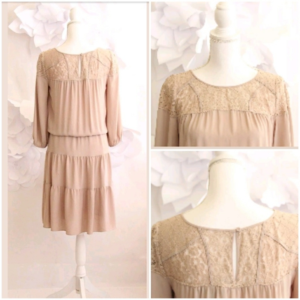 BCBG MAX AZRIA Boho Lace Bell Sleeve Dress XS Tan - Picture 2 of 6